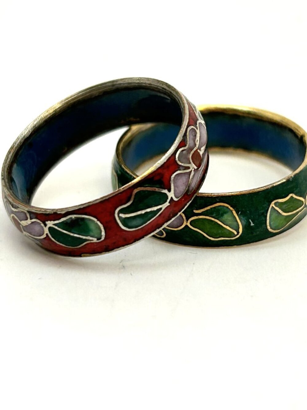 Vintage Cloisonne Enamel Floral Band Ring Pair Red Green Matching Asian Estate